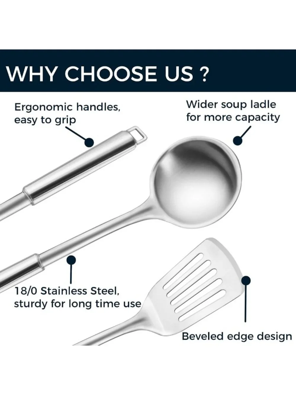 Stainless Steel Cooking Utensil Set - Ergonomic, Dishwasher Safe, 4-Piece